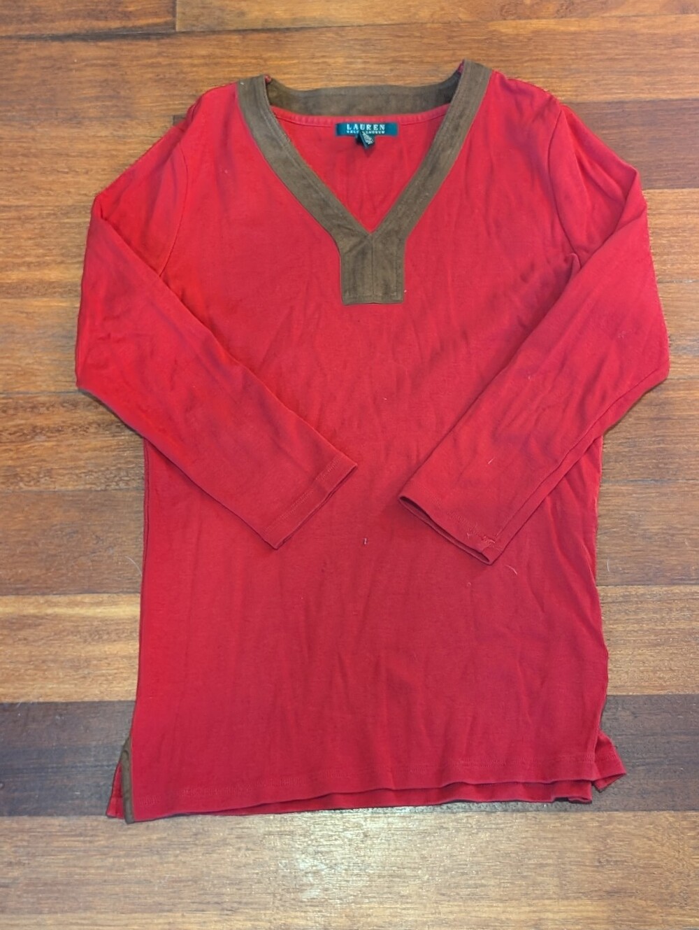 Lauren Ralph Lauren Red V-Neck Top with Brown Trim